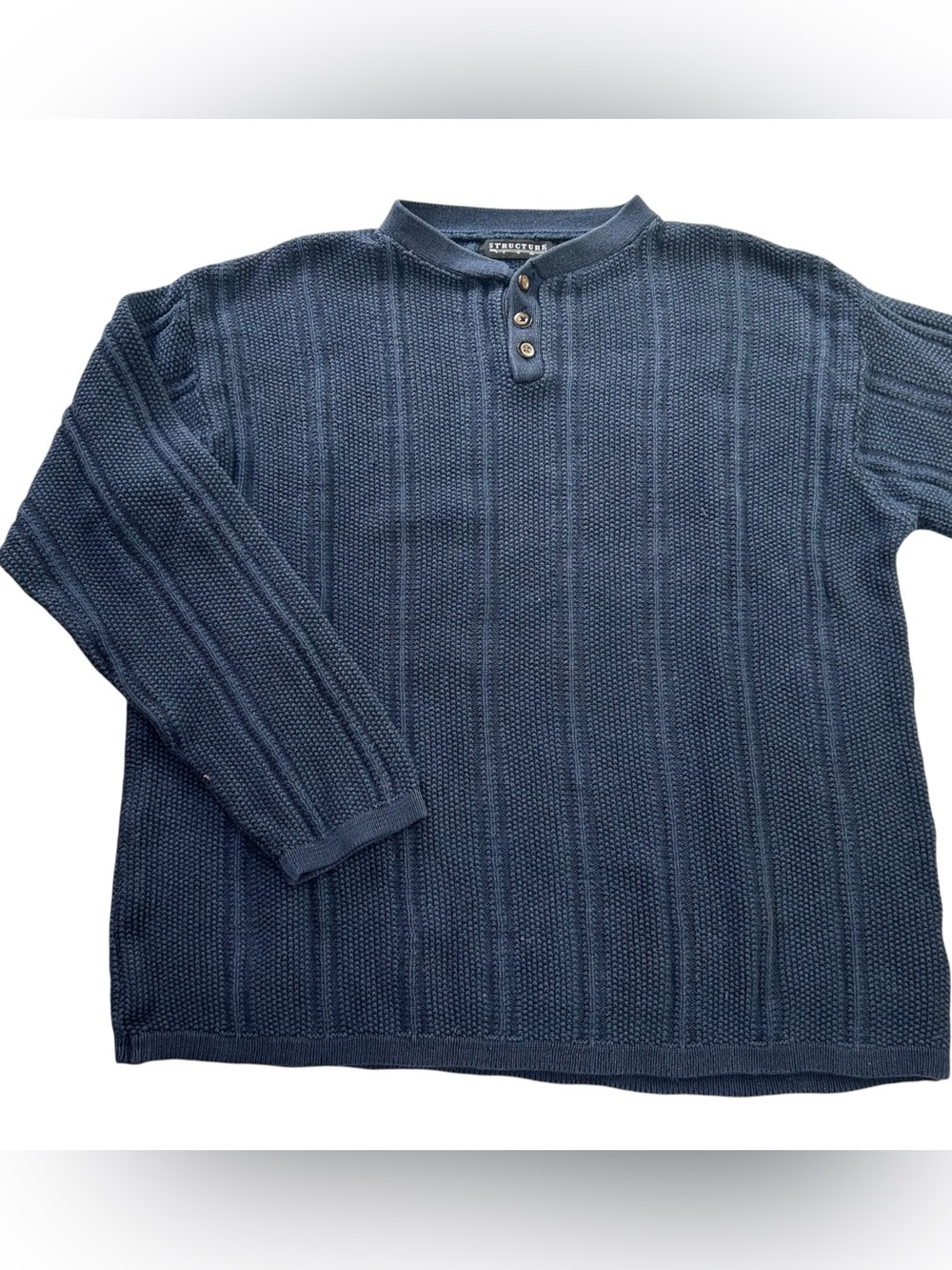 Vintage 90s Structure Textured Knit Henley Sweater Ramie Cotton Navy Blue Men XL
